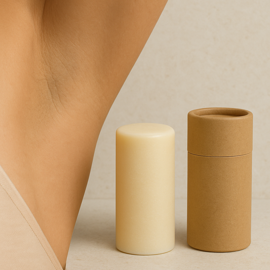 une aisselle féminine à côté d'un déodorant solide en stick et son packaging cartonné