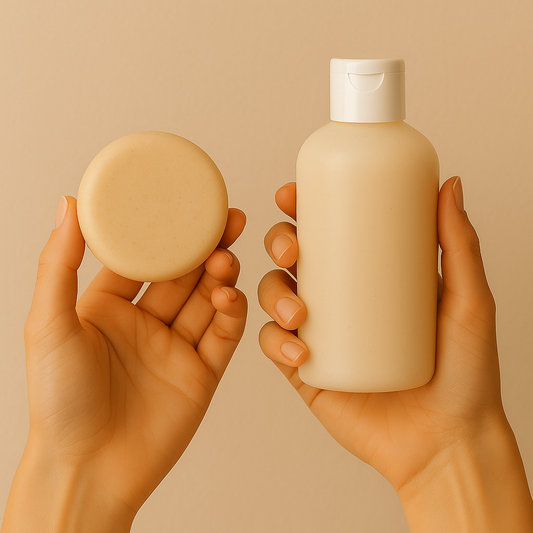 Dans la main gauche, un savon solide rond et dans la main droite, un gel douche en plastique 