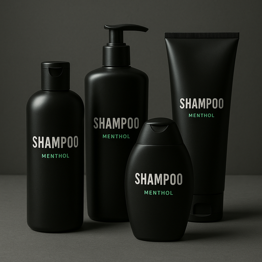 Plusieurs formes de flacons de shampoing pour "homme", noirs, à la menthe