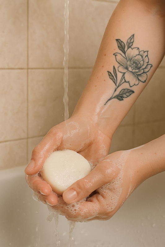 Eau qui tombe sur un savon solide rond dans les mains d'une personne avec un tatouage en forme de fleur sur l'avant-bras