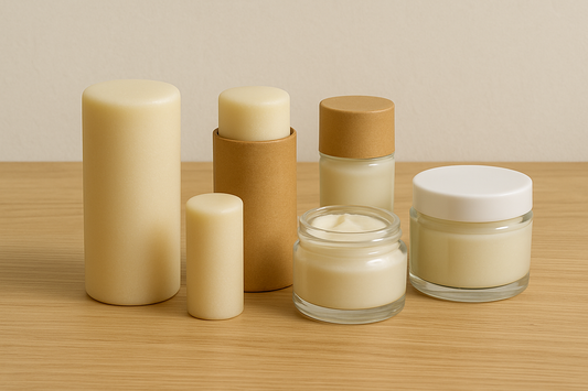3 déodorants solides en stick de différentes tailles, 3 crèmes déodorantes de différentes tailles