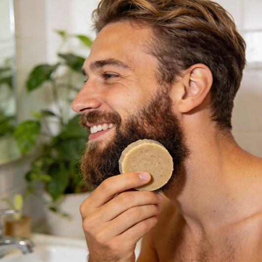 Homme se lavant la barbe avec un shampoing solide