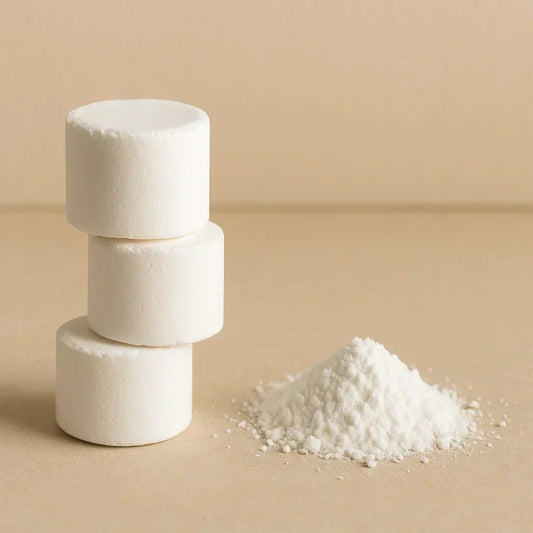 À gauche, 3 pastilles blanches de shampoing et à droite, de la poudre blanche de shampoing