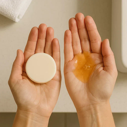 vue en plongée d'un savon solide rond dans une main et dans l'autre main, du liquide de gel douche, le tout dans une ambiance minimaliste de salle de bain. 