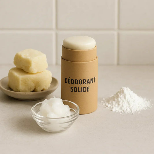 déodorant solide en stick avec à côté du beurre de karité, de l'huile de coco et de l'amidon de mais dans un fond minimaliste de salle de bain